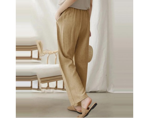   Color Cotton And Linen Pocket Casual Pants