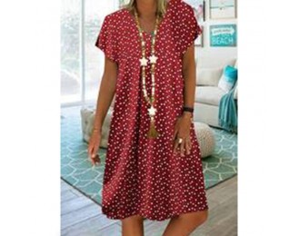 Women Casual Short Sleeve V neck Polka Dot Heart Printed Midi Dress